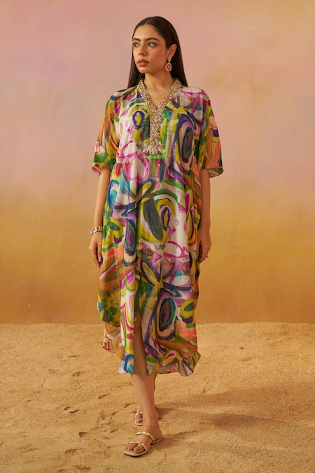 Rainas_Multi Color Cotton, Silk Embroidery Plunge Neck Abstract Print Kaftan _Online_at_Aza_Fashions