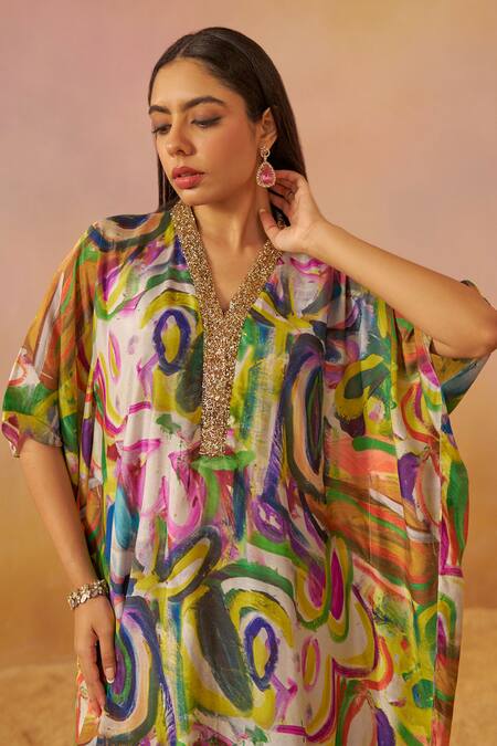 Buy_Rainas_Multi Color Cotton, Silk Embroidery Plunge Neck Abstract Print Kaftan _Online_at_Aza_Fashions