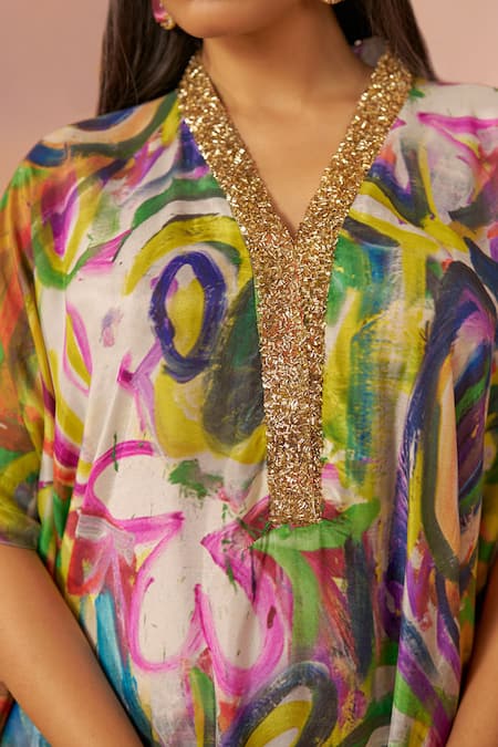 Shop_Rainas_Multi Color Cotton, Silk Embroidery Plunge Neck Abstract Print Kaftan _Online_at_Aza_Fashions