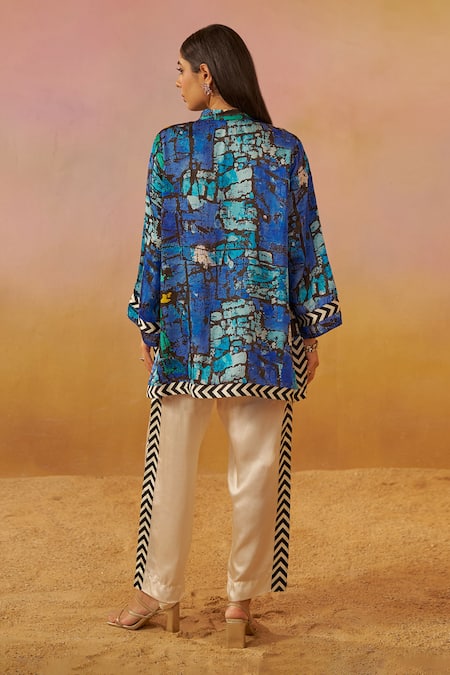 Shop Rainas Blue Cotton, Satin Bandeau Neck Geometric Print Tunic And Pant Set at Aza Fashions Shop_Rainas_Blue Cotton, Satin Bandeau Neck Geometric Print Tunic And Pant Set _at_Aza_Fashions