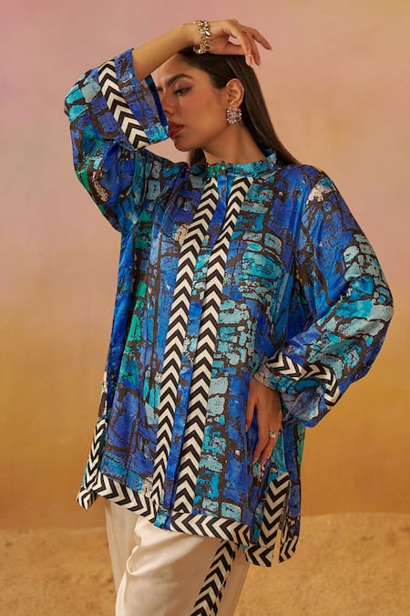 Buy Rainas Blue Cotton, Satin Bandeau Neck Geometric Print Tunic And Pant Set Online at Aza Fashions Buy_Rainas_Blue Cotton, Satin Bandeau Neck Geometric Print Tunic And Pant Set _Online_at_Aza_Fashions
