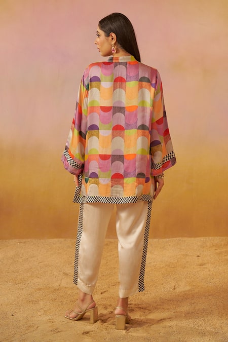 Shop_Rainas_Multi Color Cotton, Satin Collared Bold Abstract Print Tunic And Pant Set _at_Aza_Fashions