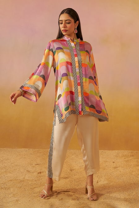 Rainas_Multi Color Cotton, Satin Collared Bold Abstract Print Tunic And Pant Set _Online_at_Aza_Fashions