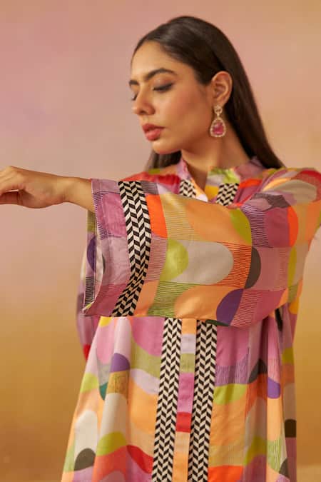 Buy_Rainas_Multi Color Cotton, Satin Collared Bold Abstract Print Tunic And Pant Set _Online_at_Aza_Fashions