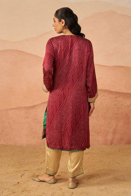 Shop_Rainas_Maroon Satin, Silk Sequins, Embroidery Keyhole Printed Phiran Set With Potli _at_Aza_Fashions