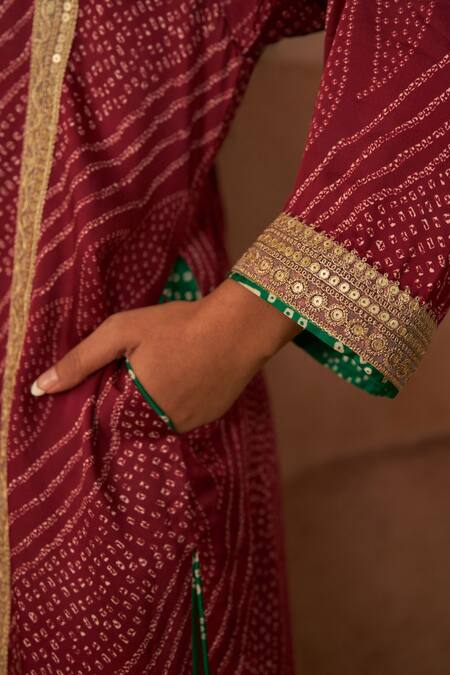 Shop_Rainas_Maroon Satin, Silk Sequins, Embroidery Keyhole Printed Phiran Set With Potli _Online_at_Aza_Fashions