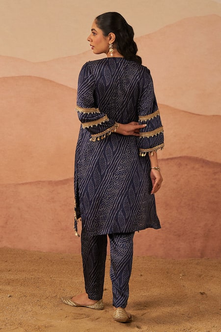 Shop_Rainas_Blue Satin, Lace, Tassels, Zari Leheriya Bandhani Print Kurta Set _at_Aza_Fashions