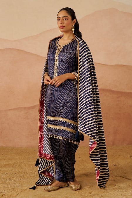 Rainas_Blue Satin, Lace, Tassels, Zari Leheriya Bandhani Print Kurta Set _Online_at_Aza_Fashions