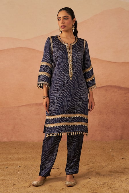 Buy_Rainas_Blue Satin, Lace, Tassels, Zari Leheriya Bandhani Print Kurta Set _Online_at_Aza_Fashions
