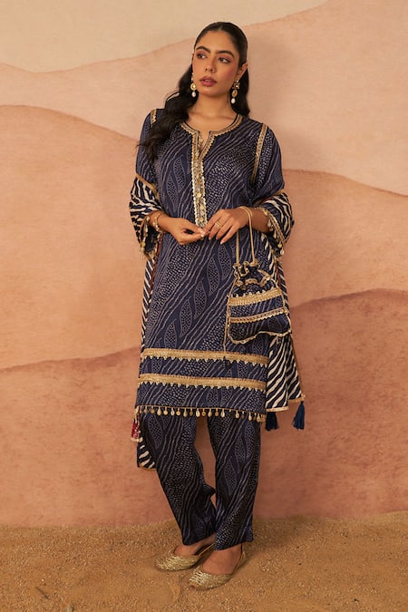 Shop_Rainas_Blue Satin, Lace, Tassels, Zari Leheriya Bandhani Print Kurta Set _Online_at_Aza_Fashions