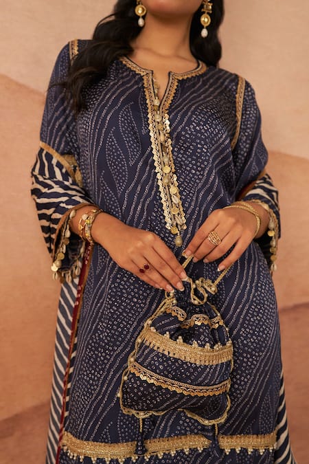 Rainas_Blue Satin, Lace, Tassels, Zari Leheriya Bandhani Print Kurta Set _at_Aza_Fashions
