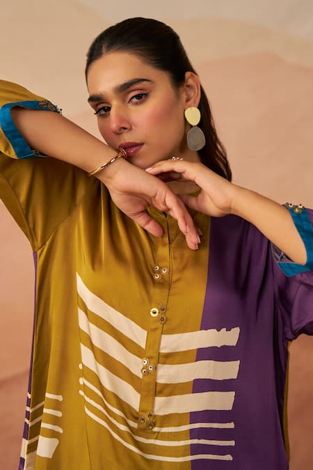 Shop_Rainas_Yellow Satin Collared Kalahri Abstract Print Pathani Tunic And Pant Set_Online_at_Aza_Fashions