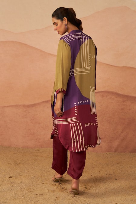 Shop Rainas Purple Satin Collared Thar Abstract Print Pathani Tunic And Pant Set at Aza Fashions Shop_Rainas_Purple Satin Collared Thar Abstract Print Pathani Tunic And Pant Set_at_Aza_Fashions