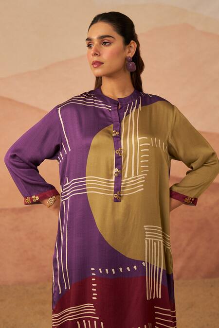 Buy Rainas Purple Satin Collared Thar Abstract Print Pathani Tunic And Pant Set Online at Aza Fashions Buy_Rainas_Purple Satin Collared Thar Abstract Print Pathani Tunic And Pant Set_Online_at_Aza_Fashions