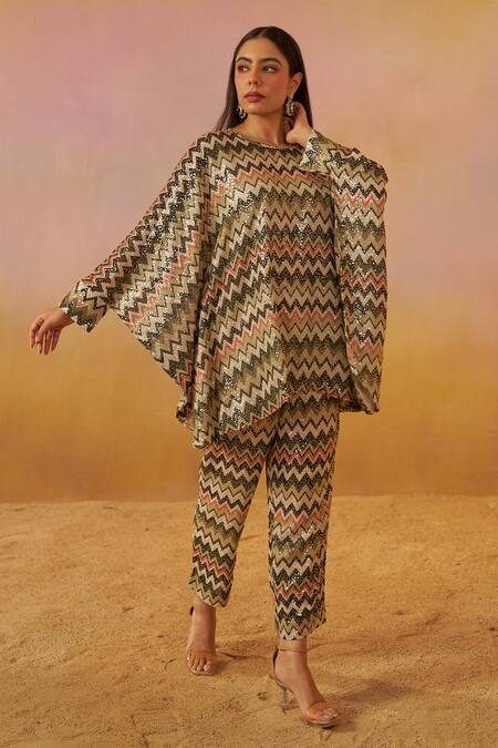 Rainas_Off White Georgette Sequins Round Neck Missoni Print Kaftan And Pant Set _Online_at_Aza_Fashions