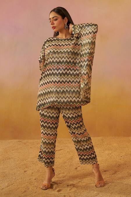 Buy_Rainas_Off White Georgette Sequins Round Neck Missoni Print Kaftan And Pant Set _Online_at_Aza_Fashions