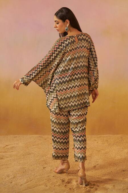 Rainas_Off White Georgette Sequins Round Neck Missoni Print Kaftan And Pant Set _at_Aza_Fashions