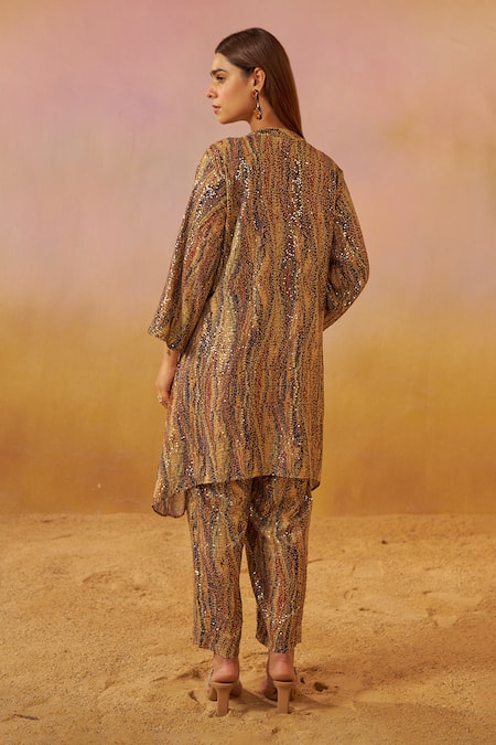 Shop_Rainas_Brown Georgette Sequins Collared Tribal Print Tunic And Pant Set _at_Aza_Fashions