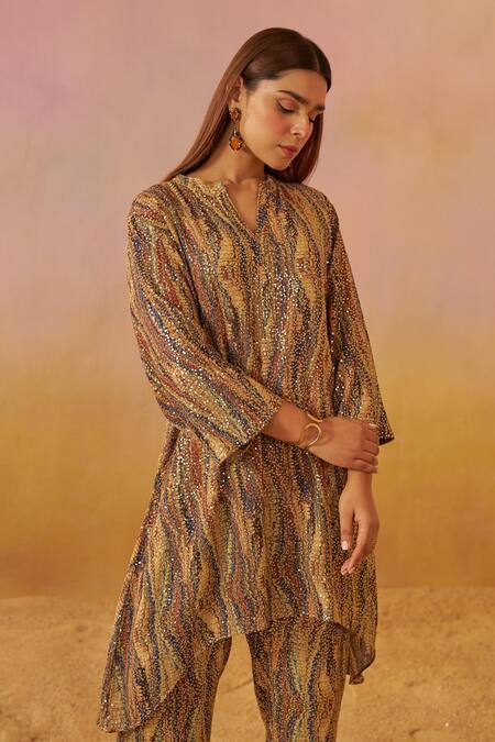 Buy_Rainas_Brown Georgette Sequins Collared Tribal Print Tunic And Pant Set _Online_at_Aza_Fashions