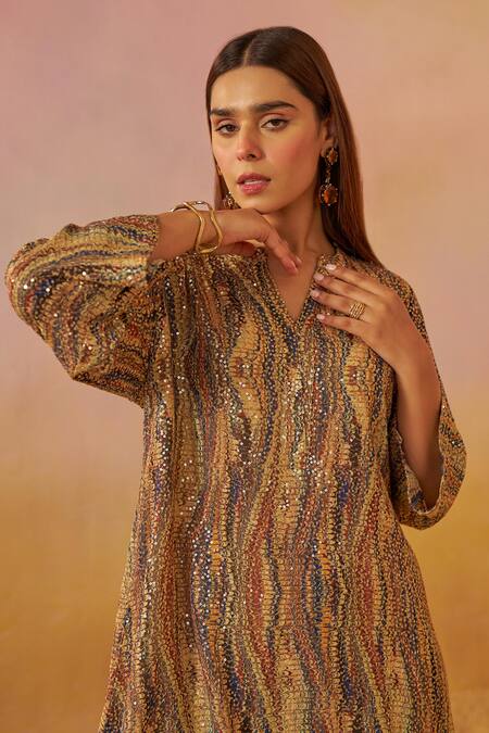 Shop_Rainas_Brown Georgette Sequins Collared Tribal Print Tunic And Pant Set _Online_at_Aza_Fashions