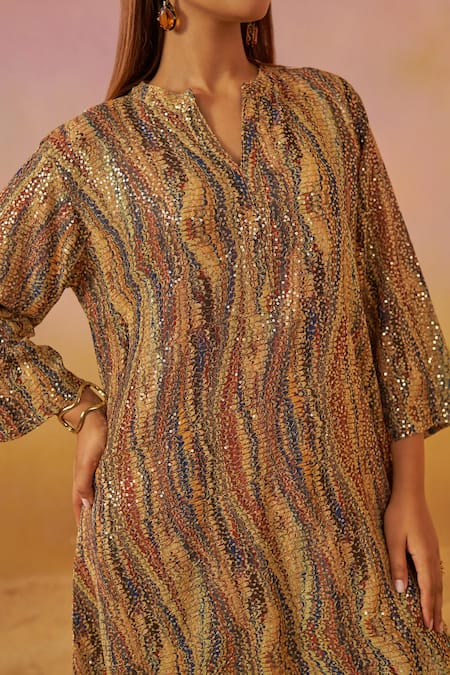 Rainas_Brown Georgette Sequins Collared Tribal Print Tunic And Pant Set _at_Aza_Fashions