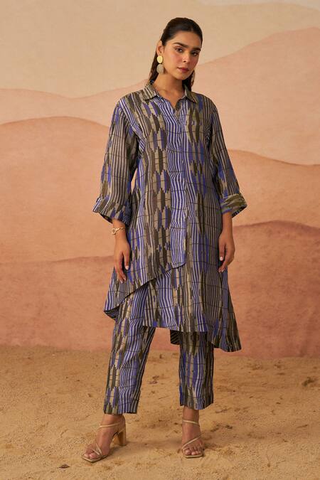 Rainas_Blue Tissue Collared Mussel Print Shirt Tunic And Pant Set_Online_at_Aza_Fashions