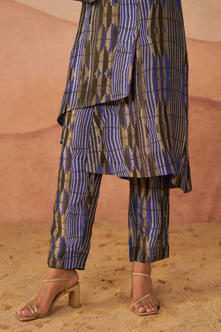 Buy_Rainas_Blue Tissue Collared Mussel Print Shirt Tunic And Pant Set_Online_at_Aza_Fashions
