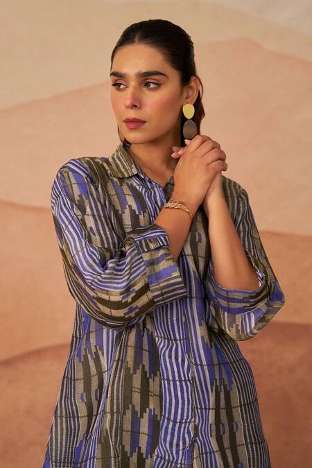 Shop_Rainas_Blue Tissue Collared Mussel Print Shirt Tunic And Pant Set_Online_at_Aza_Fashions