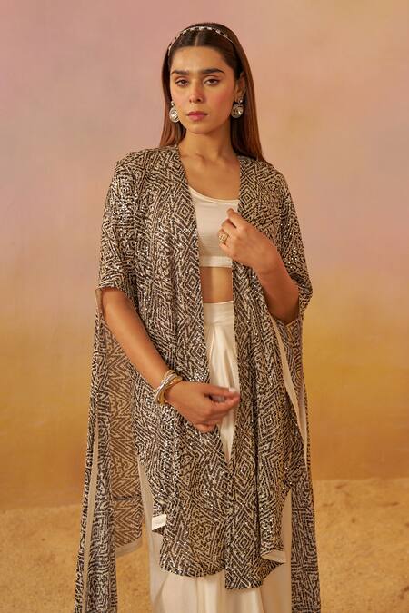 Shop_Rainas_Black Georgette Sequins Scoop Neck Embroidered Cape Skirt Set _Online_at_Aza_Fashions