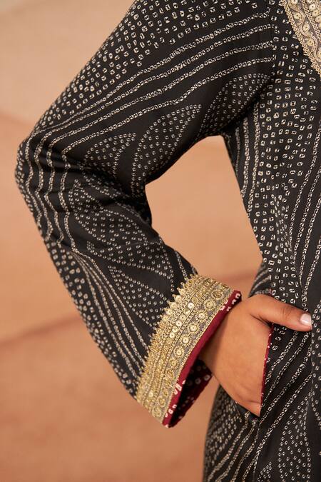 Rainas_Black Cotton Lace, Embroidery Gharchola Bandhej Print Phiran Set With Potli_Online_at_Aza_Fashions