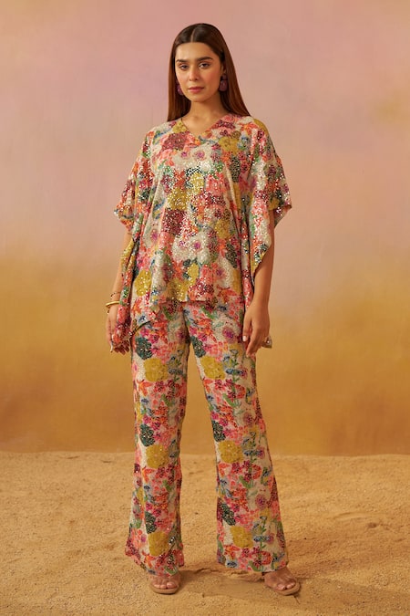 Rainas Blossom Print Kaftan & Flared Pant Set 