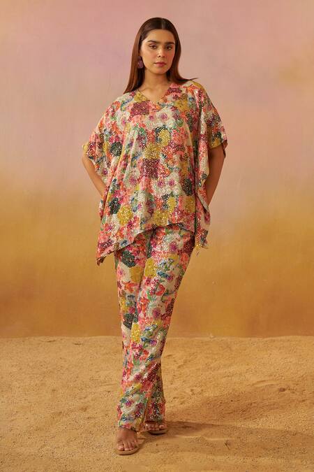 Buy Rainas Off White Georgette Sequins V-neck Blossom Print Kaftan And Flared Pant Set Online at Aza Fashions Buy_Rainas_Off White Georgette Sequins V-neck Blossom Print Kaftan And Flared Pant Set _Online_at_Aza_Fashions