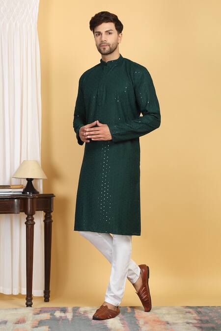 Shop Aham-Vayam Green Cotton Sequins, Embroidery Aham Thread Kurta Set Online at Aza Fashions Shop_Aham-Vayam_Green Cotton Sequins, Embroidery Aham Thread Kurta Set _Online_at_Aza_Fashions