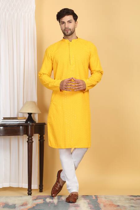 Aham-Vayam Yellow Cotton Sequins Aham Geometric Embroidered Kurta Set Online at Aza Fashions Aham-Vayam_Yellow Cotton Sequins Aham Geometric Embroidered Kurta Set _Online_at_Aza_Fashions