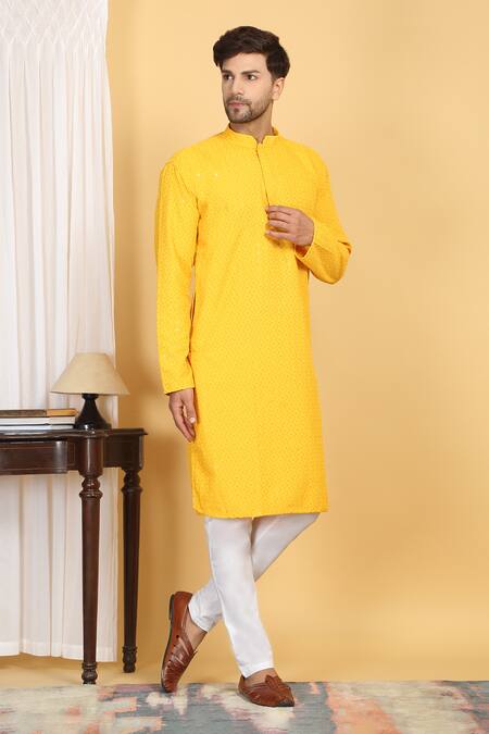Buy Aham-Vayam Yellow Cotton Sequins Aham Geometric Embroidered Kurta Set Online at Aza Fashions Buy_Aham-Vayam_Yellow Cotton Sequins Aham Geometric Embroidered Kurta Set _Online_at_Aza_Fashions