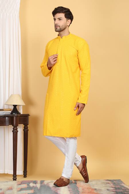 Shop Aham-Vayam Yellow Cotton Sequins Aham Geometric Embroidered Kurta Set Online at Aza Fashions Shop_Aham-Vayam_Yellow Cotton Sequins Aham Geometric Embroidered Kurta Set _Online_at_Aza_Fashions