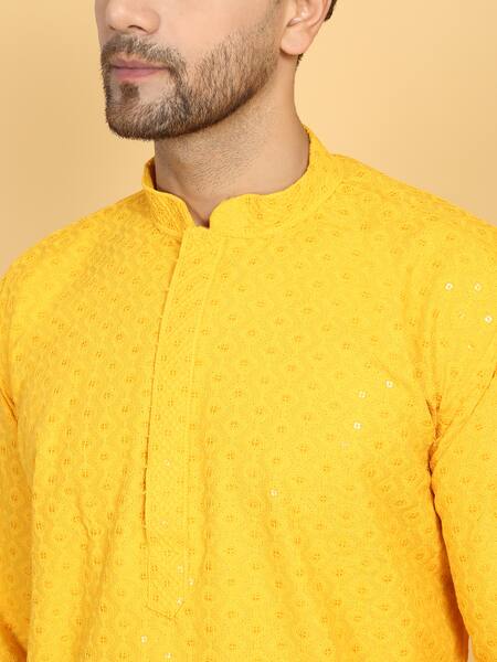 Aham-Vayam Yellow Cotton Sequins Aham Geometric Embroidered Kurta Set at Aza Fashions Aham-Vayam_Yellow Cotton Sequins Aham Geometric Embroidered Kurta Set _at_Aza_Fashions