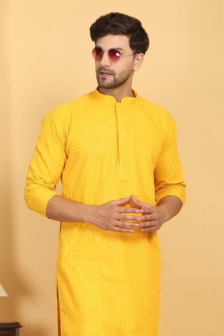 Buy Aham-Vayam Yellow Cotton Sequins Aham Geometric Embroidered Kurta Set Buy_Aham-Vayam_Yellow Cotton Sequins Aham Geometric Embroidered Kurta Set