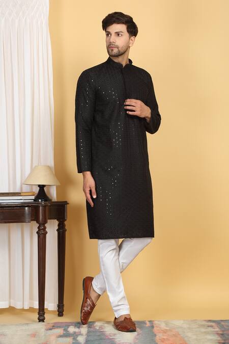 Buy_Aham-Vayam_Black Cotton Sequins, Embroidery Aham Kurta Set _Online_at_Aza_Fashions