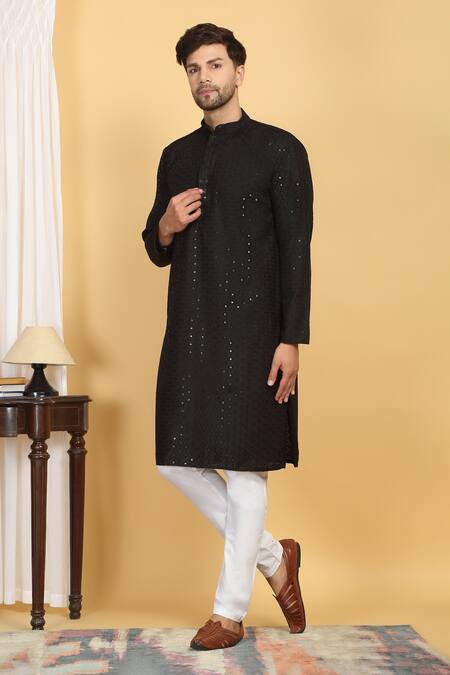Shop_Aham-Vayam_Black Cotton Sequins, Embroidery Aham Kurta Set _Online_at_Aza_Fashions