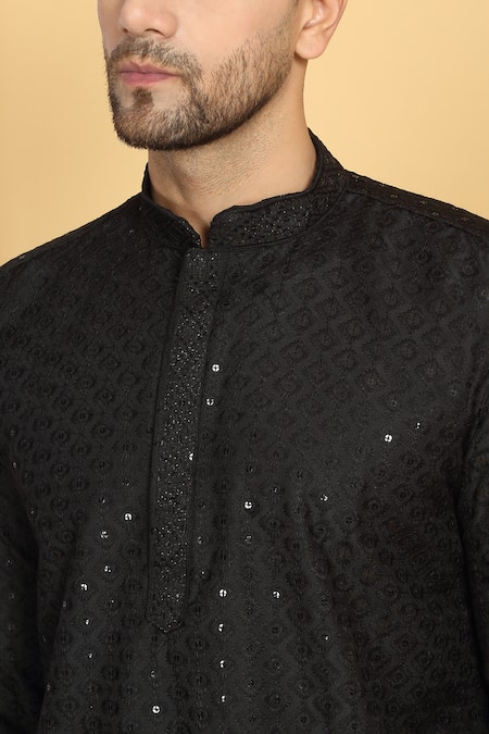 Aham-Vayam_Black Cotton Sequins, Embroidery Aham Kurta Set _at_Aza_Fashions