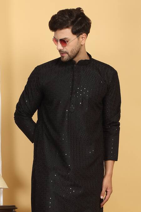 Buy_Aham-Vayam_Black Cotton Sequins, Embroidery Aham Kurta Set 