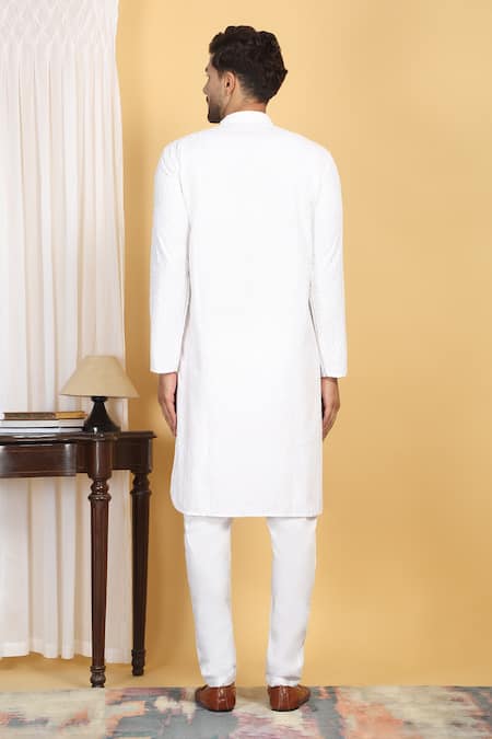 Shop_Aham-Vayam_White Cotton Embroidery Aham Thread Kurta Set _at_Aza_Fashions