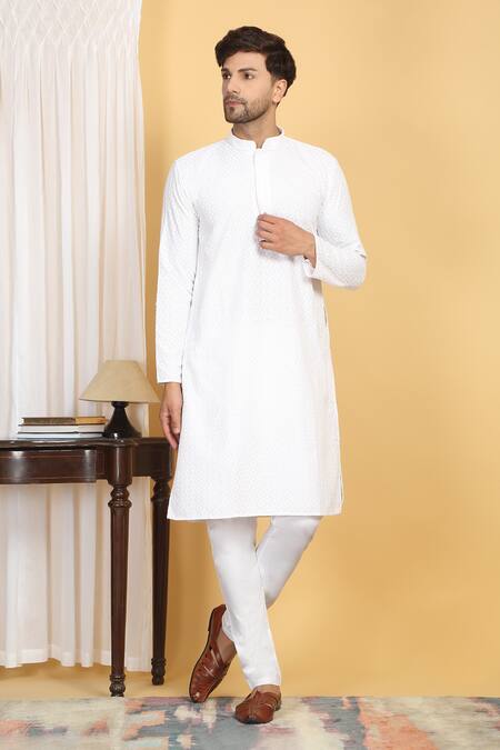 Aham-Vayam_White Cotton Embroidery Aham Thread Kurta Set _Online_at_Aza_Fashions