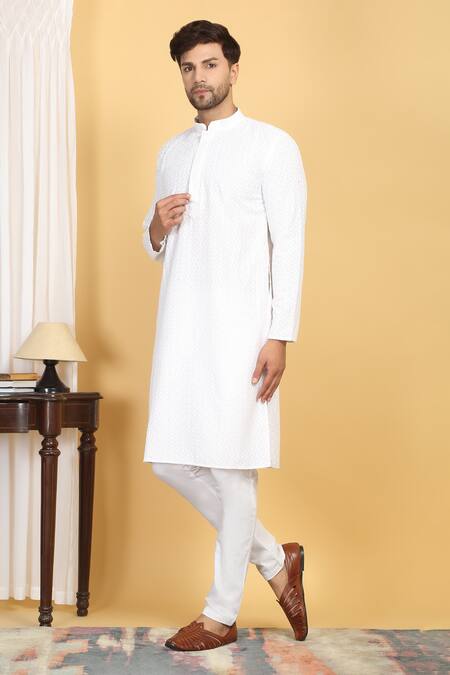 Shop_Aham-Vayam_White Cotton Embroidery Aham Thread Kurta Set _Online_at_Aza_Fashions