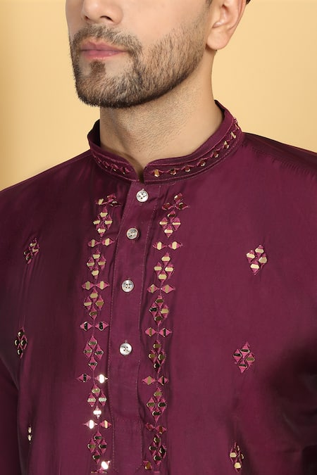 Aham-Vayam Wine Cotton Mirrors, Embroidery Swarna Work Kurta Set at Aza Fashions Aham-Vayam_Wine Cotton Mirrors, Embroidery Swarna Work Kurta Set _at_Aza_Fashions