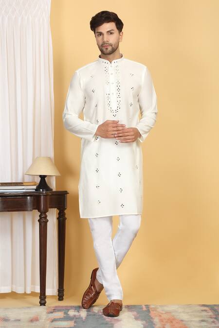 Aham-Vayam_Off White Cotton Mirrors Swarna Embroidered Kurta Set _Online_at_Aza_Fashions