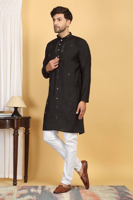 Shop Aham-Vayam Black Cotton Mirrors, Embroidery Swarna Work Kurta And Pant Set Online at Aza Fashions Shop_Aham-Vayam_Black Cotton Mirrors, Embroidery Swarna Work Kurta And Pant Set _Online_at_Aza_Fashions