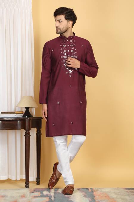 Aham-Vayam_Maroon Cotton Mirrors, Embroidery Rajat Work Kurta Set _Online_at_Aza_Fashions