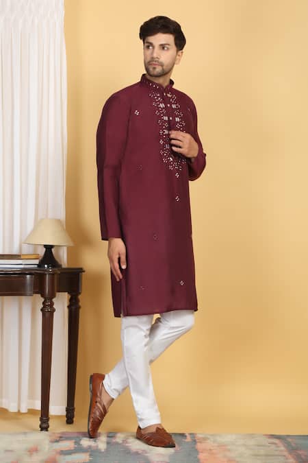Buy_Aham-Vayam_Maroon Cotton Mirrors, Embroidery Rajat Work Kurta Set _Online_at_Aza_Fashions